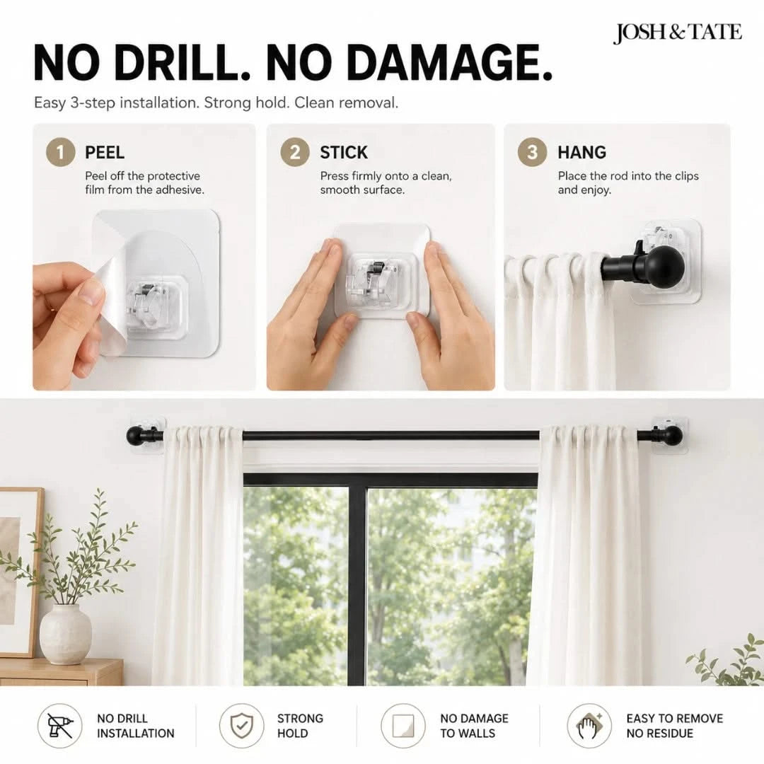 Josh & Tate - WallGrip™ Adhesive Rod Clip - Step-by-step installation guide for a curtain rod system with 'No Drill. No Damage.