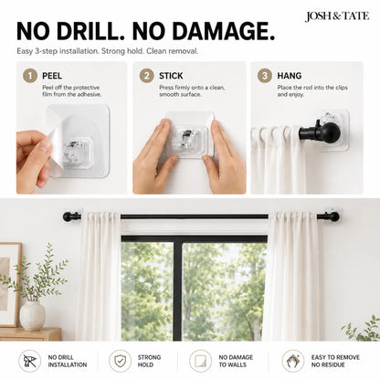 Josh & Tate - WallGrip™ Adhesive Rod Clip - Step-by-step installation guide for a curtain rod system with 'No Drill. No Damage.