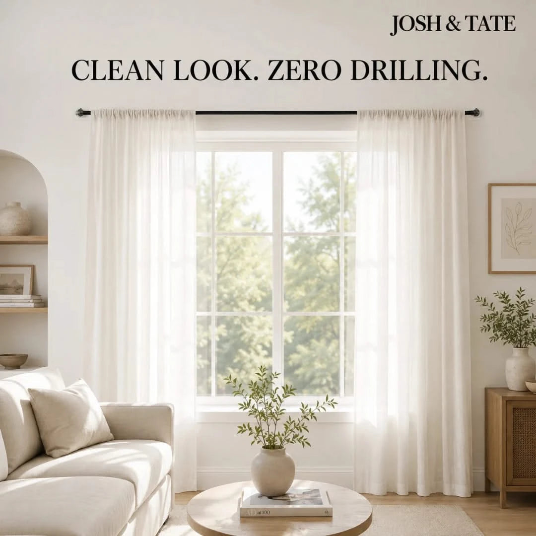 Josh & Tate - WallGrip™ Adhesive Rod Clip - Living room with white curtains and 'Josh & Tate' branding.