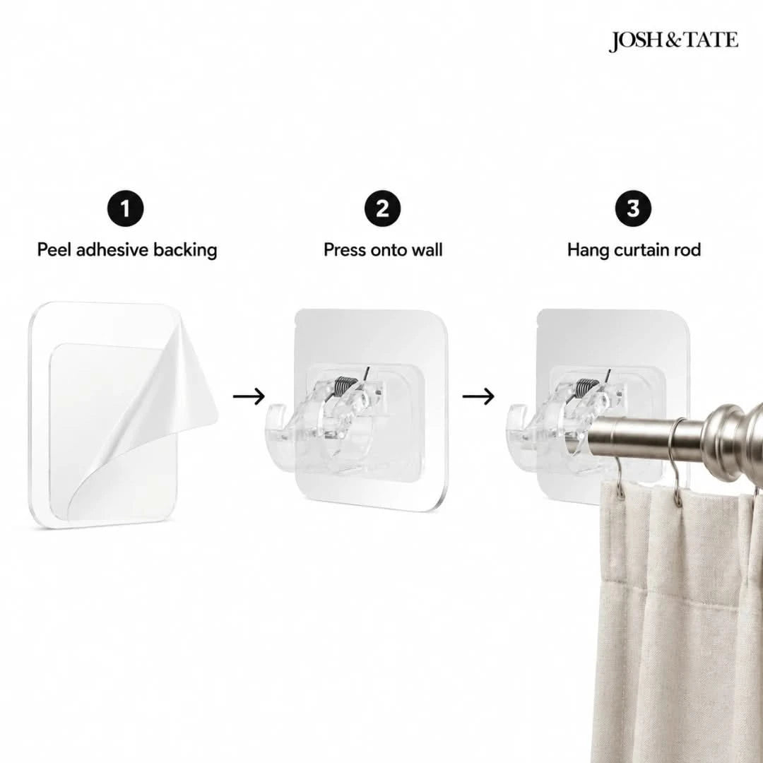 Josh & Tate - WallGrip™ Adhesive Rod Clip - Step-by-step guide on how to install a curtain rod using adhesive hooks, with 'Josh & Tate' branding.