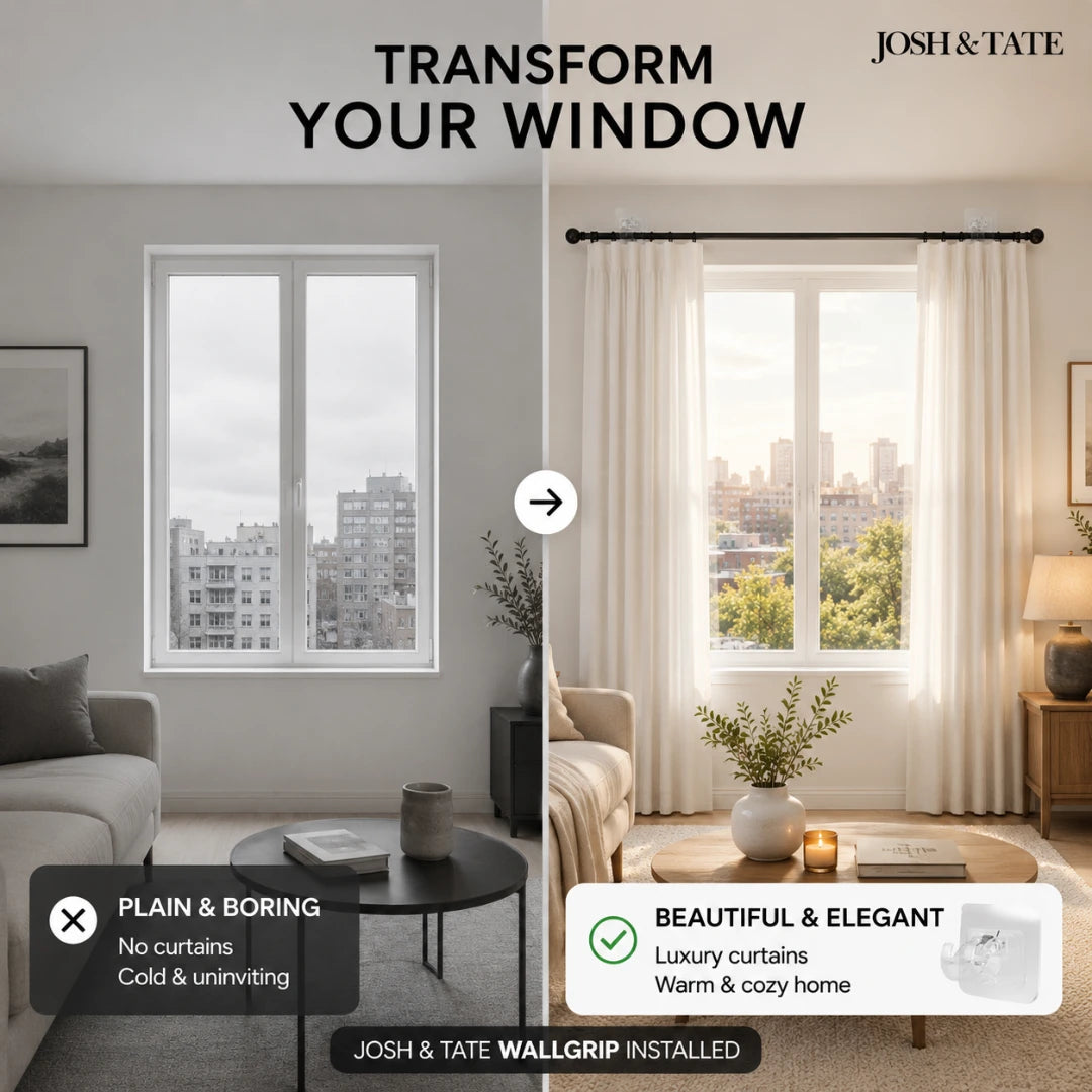 Josh & Tate - WallGrip™ Adhesive Rod Clip - Before and after comparison of a living room with plain curtains and Josh & Tate wallgrip installed.