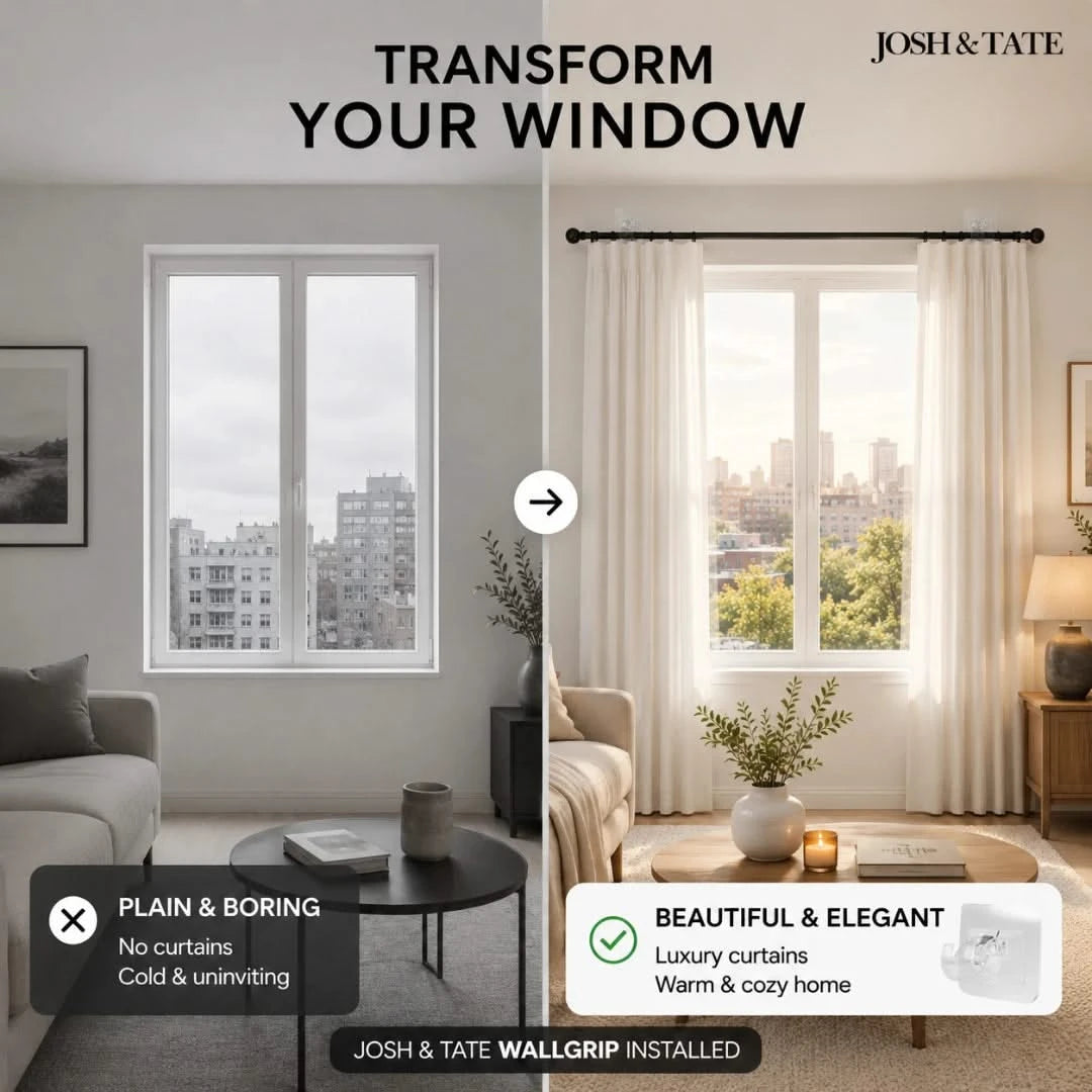 Josh & Tate - WallGrip™ Adhesive Rod Clip - Before and after comparison of a living room with plain curtains and Josh & Tate wallgrip installed.