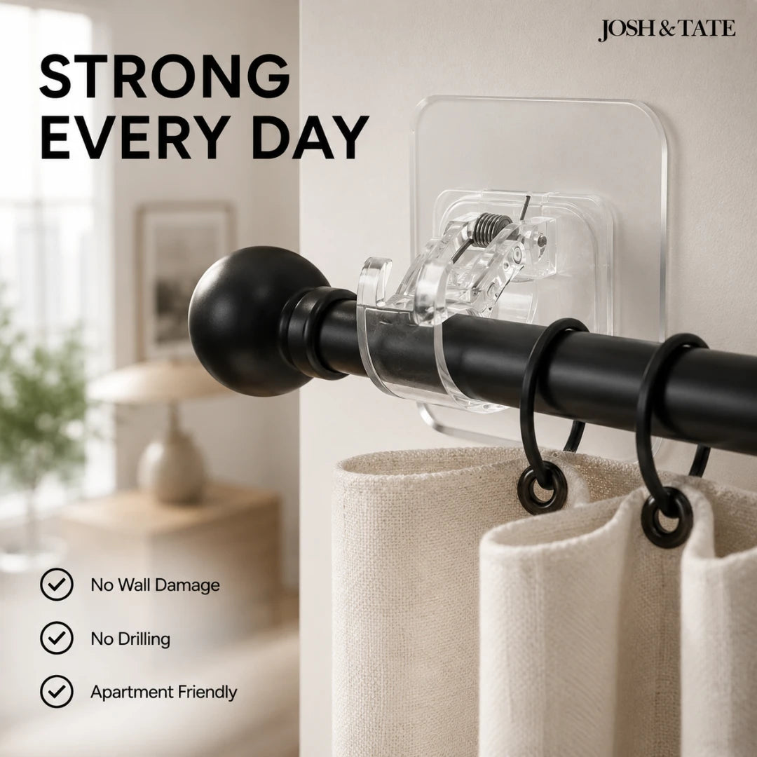 Josh & Tate - WallGrip™ Adhesive Rod Clip - Curtain rod holder with text 'Strong Every Day' and brand name 'Josh & Tate'.