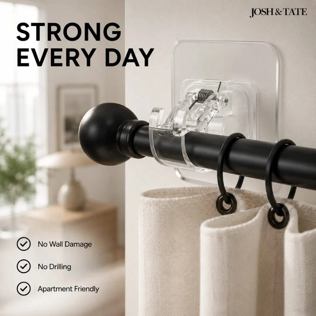 Josh & Tate - WallGrip™ Adhesive Rod Clip - Curtain rod holder with text 'Strong Every Day' and brand name 'Josh & Tate'.