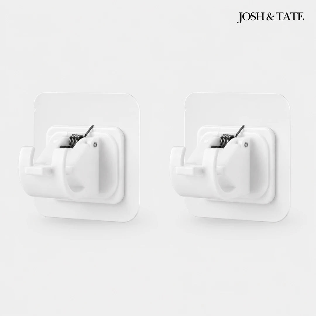 Josh & Tate - WallGrip™ Adhesive Rod Clip - White wall hooks with black metal clips on a white background, featuring the brand 'Josh & Tate'.