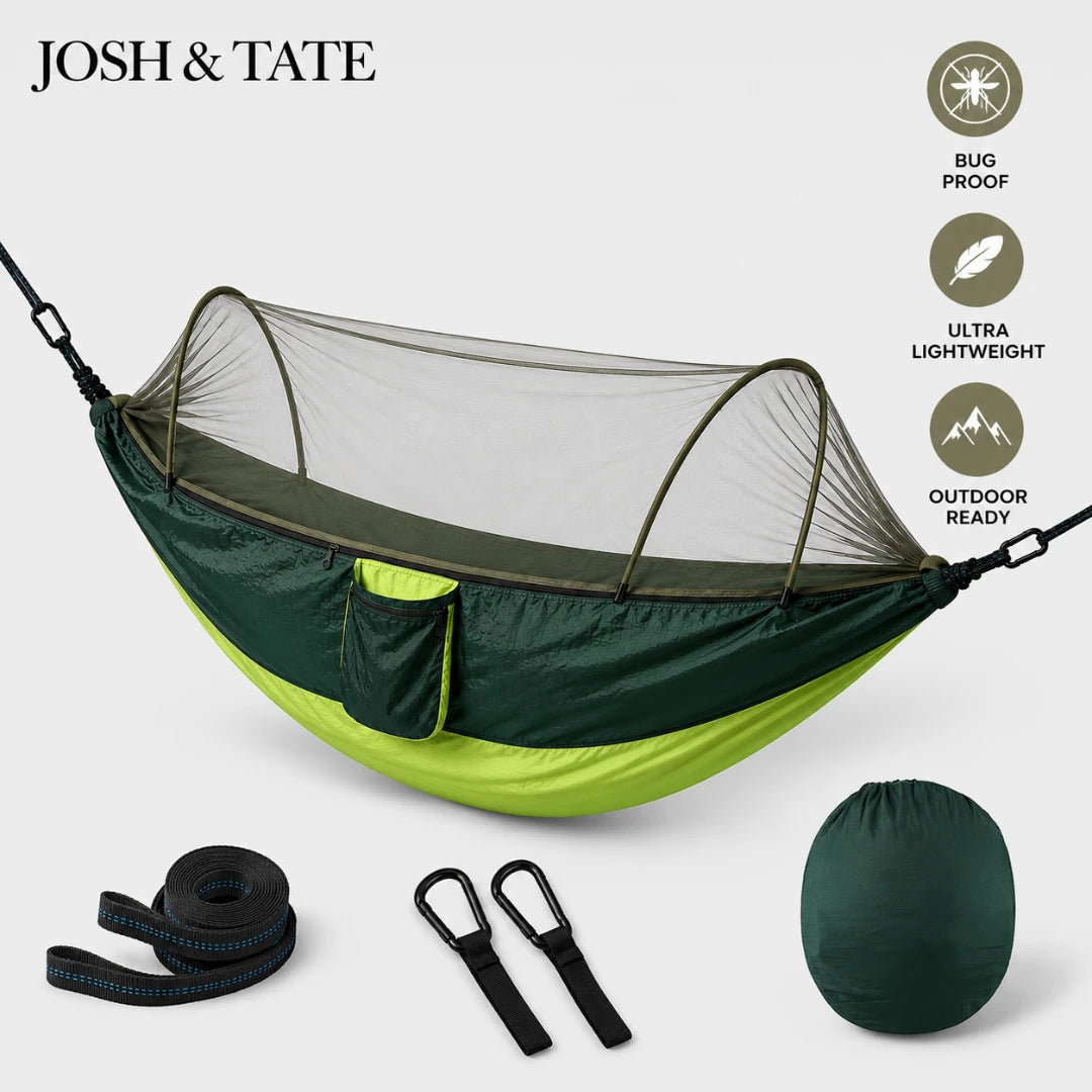 Josh & Tate - WildNest™ Bug-Proof Outdoor Hammock - Green and brown hammock with accessories on a white background, featuring the brand 'Josh & Tate'.