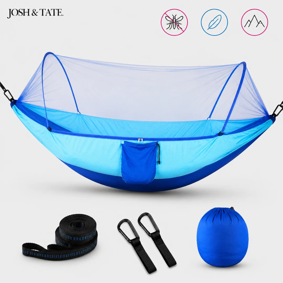 Josh & Tate - WildNest™ Bug-Proof Outdoor Hammock - Blue hammock with mosquito net, straps, and carrying bag on a white background, featuring the Josh & Tate brand.