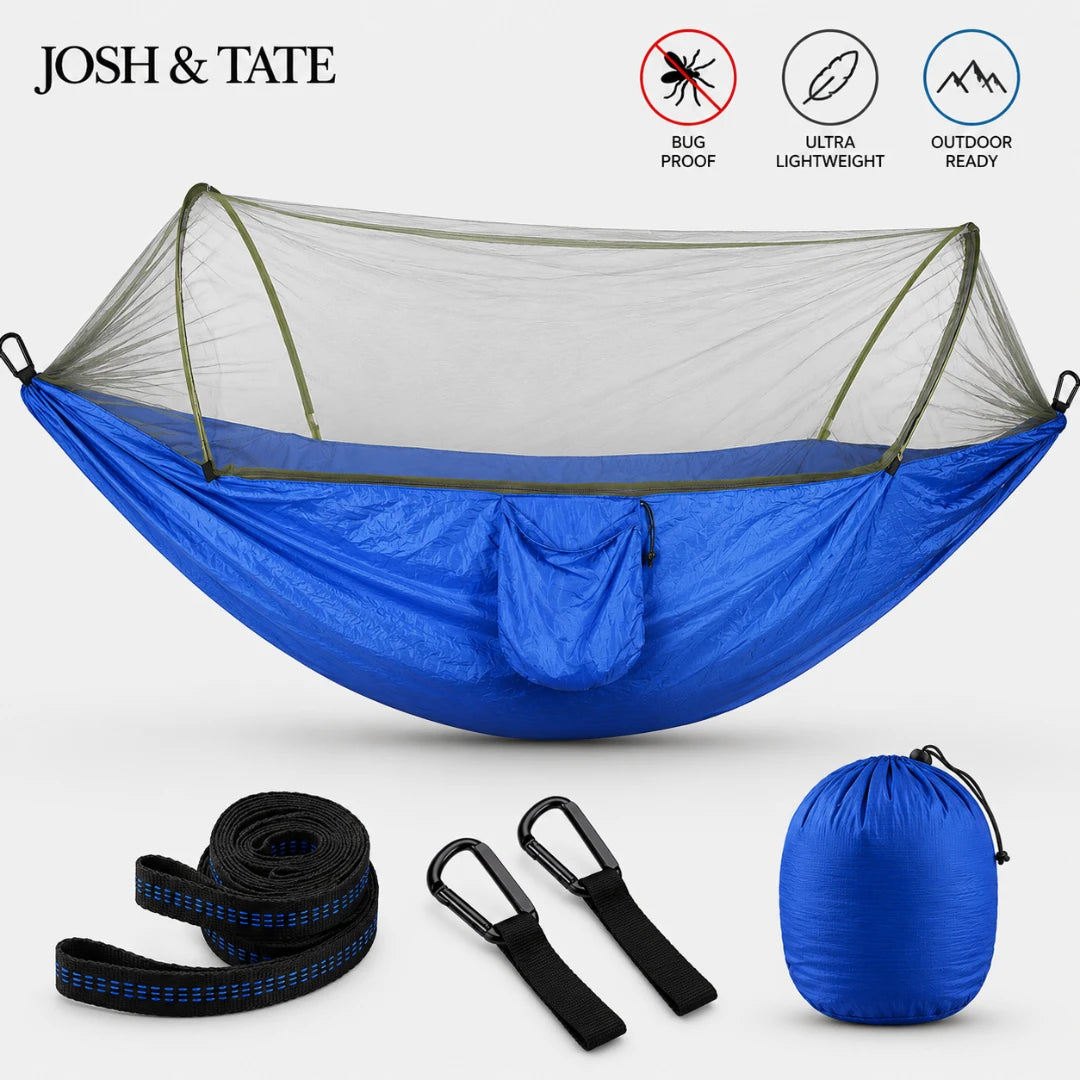 Josh & Tate - WildNest™ Bug-Proof Outdoor Hammock - Blue camping hammock with accessories on a white background, featuring Josh & Tate branding.