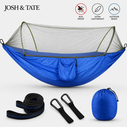 Josh & Tate - WildNest™ Bug-Proof Outdoor Hammock - Blue camping hammock with accessories on a white background, featuring Josh & Tate branding.