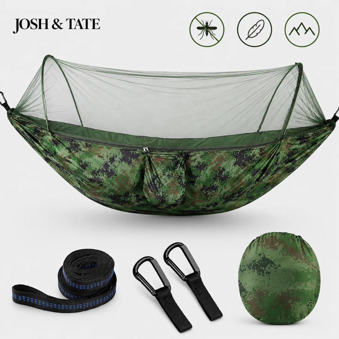 Josh & Tate - WildNest™ Bug-Proof Outdoor Hammock - Camouflage hammock set with accessories on a white background, featuring the brand 'Josh & Tate'.