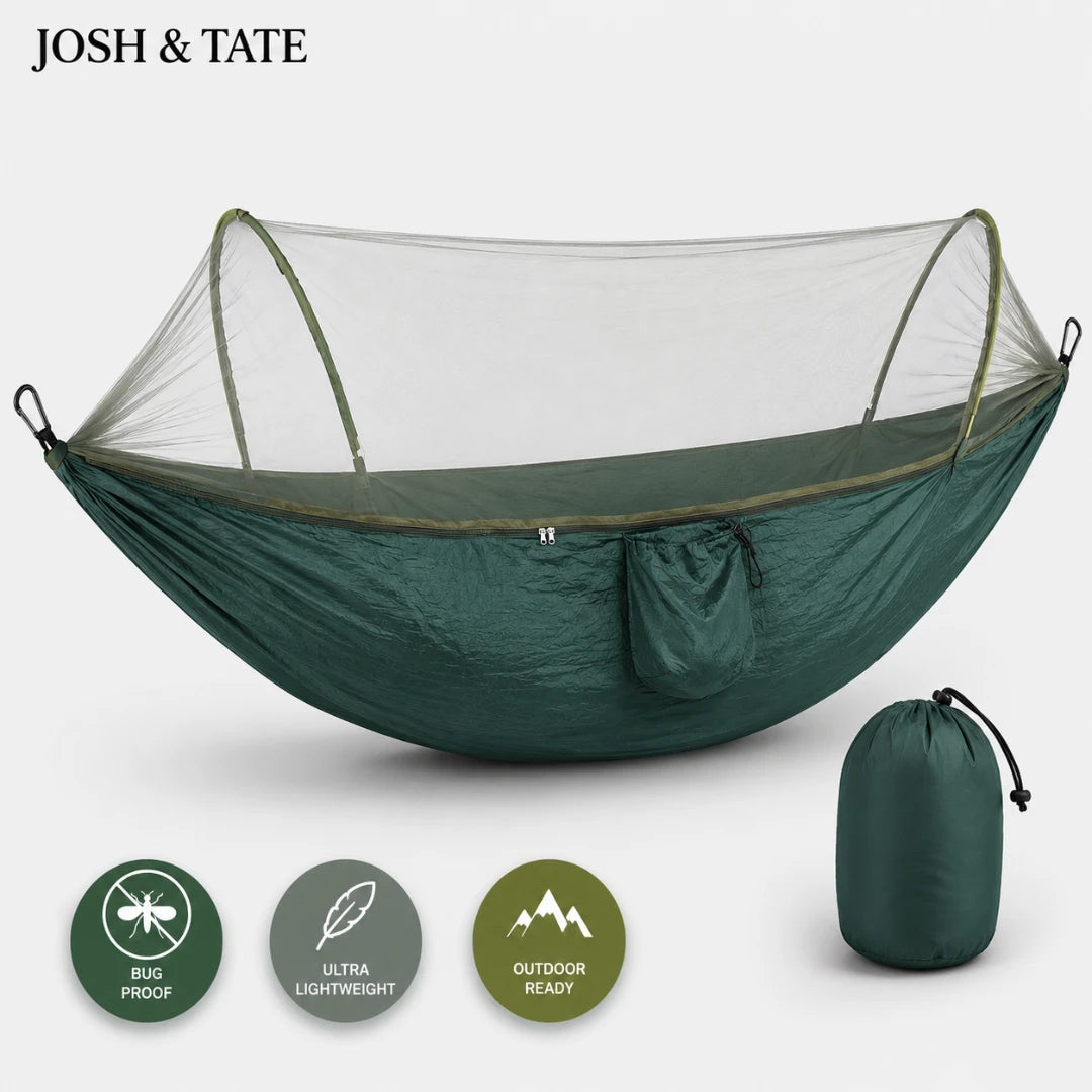 Josh & Tate - WildNest™ Bug-Proof Outdoor Hammock - Green camping hammock with mosquito net and carrying bag on a white background, featuring the brand 'Josh & Tate'.