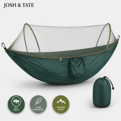 Josh & Tate - WildNest™ Bug-Proof Outdoor Hammock - Green camping hammock with mosquito net and carrying bag on a white background, featuring the brand 'Josh & Tate'.