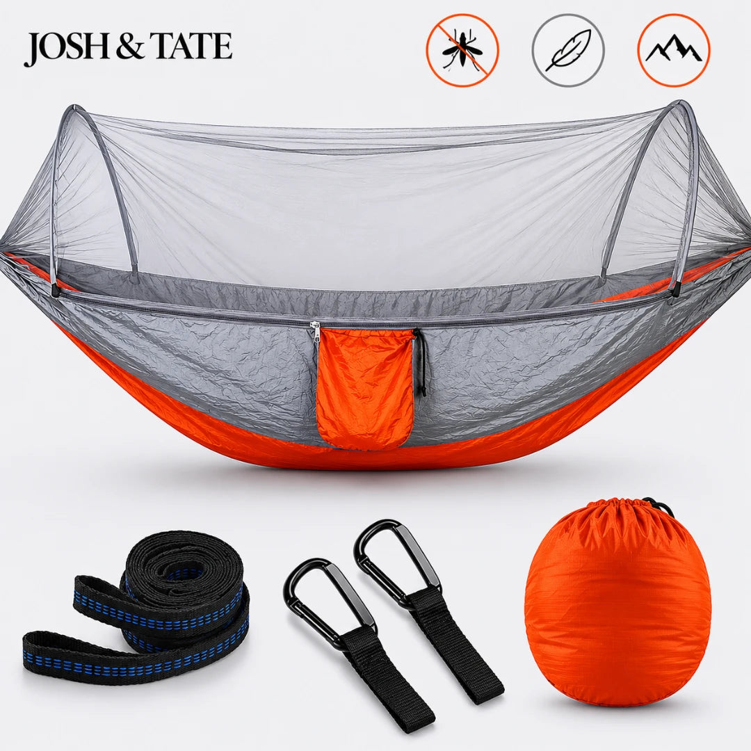 Josh & Tate - WildNest™ Bug-Proof Outdoor Hammock - Orange and gray hammock with accessories on a white background, featuring the Josh & Tate brand.