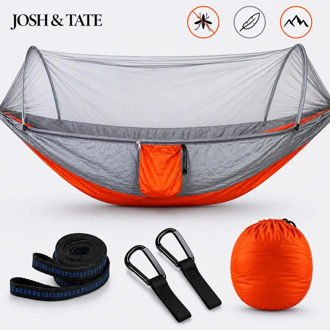 Josh & Tate - WildNest™ Bug-Proof Outdoor Hammock - Orange and gray hammock with accessories on a white background, featuring the Josh & Tate brand.