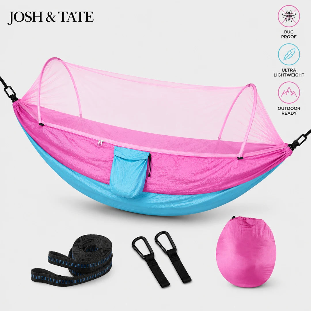 Josh & Tate - WildNest™ Bug-Proof Outdoor Hammock - Pink and blue hammock with mosquito net, straps, and pouch on a white background, featuring the brand 'Josh & Tate'.