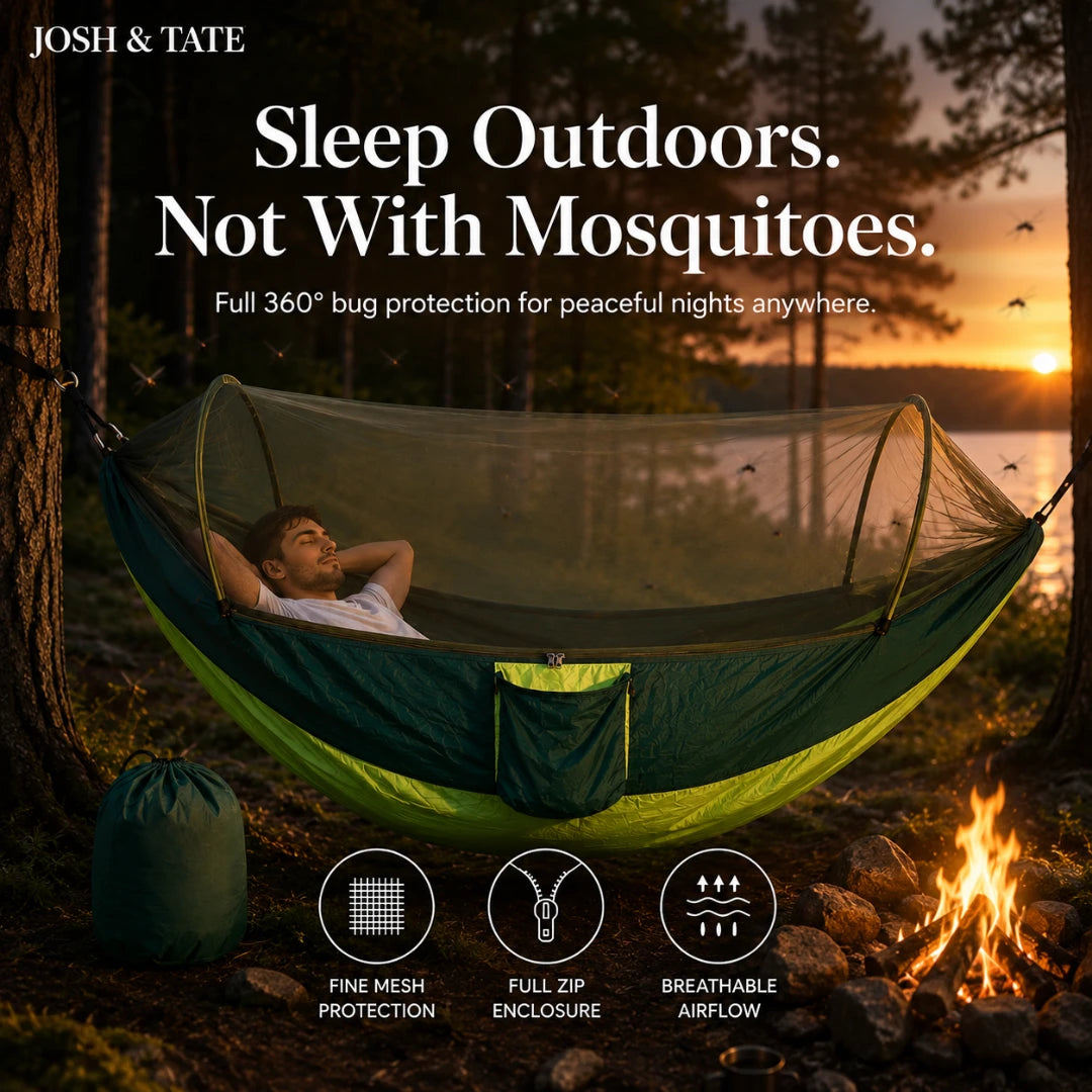 Josh & Tate - WildNest™ Bug-Proof Outdoor Hammock - Person relaxing in a green hammock with bug netting at sunset, surrounded by nature.
