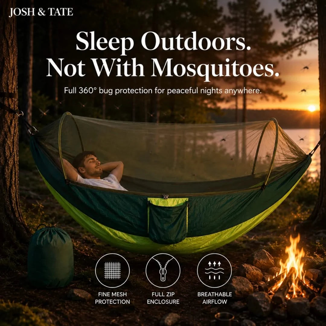 Josh & Tate - WildNest™ Bug-Proof Outdoor Hammock - Person relaxing in a green hammock with bug netting at sunset, surrounded by nature.