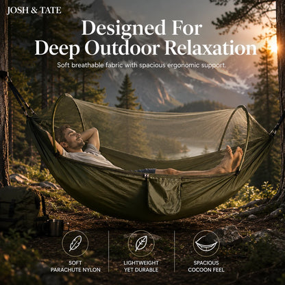 Josh & Tate - WildNest™ Bug-Proof Outdoor Hammock - Person relaxing in a green hammock with mountains in the background, featuring text about product features.