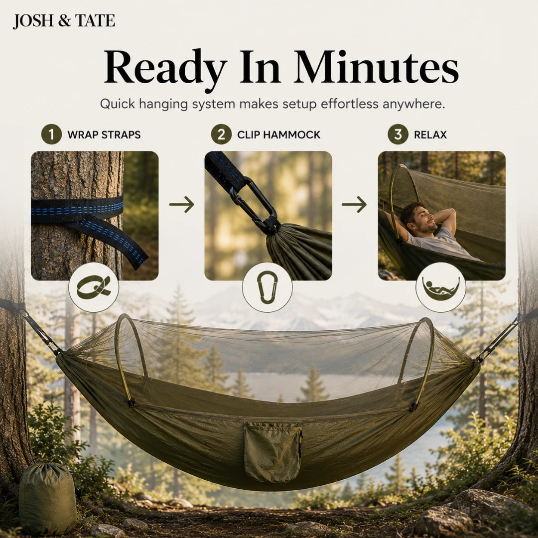 Josh & Tate - WildNest™ Bug-Proof Outdoor Hammock - Hammock setup guide with trees and forest background, featuring the brand 'Josh & Tate'.