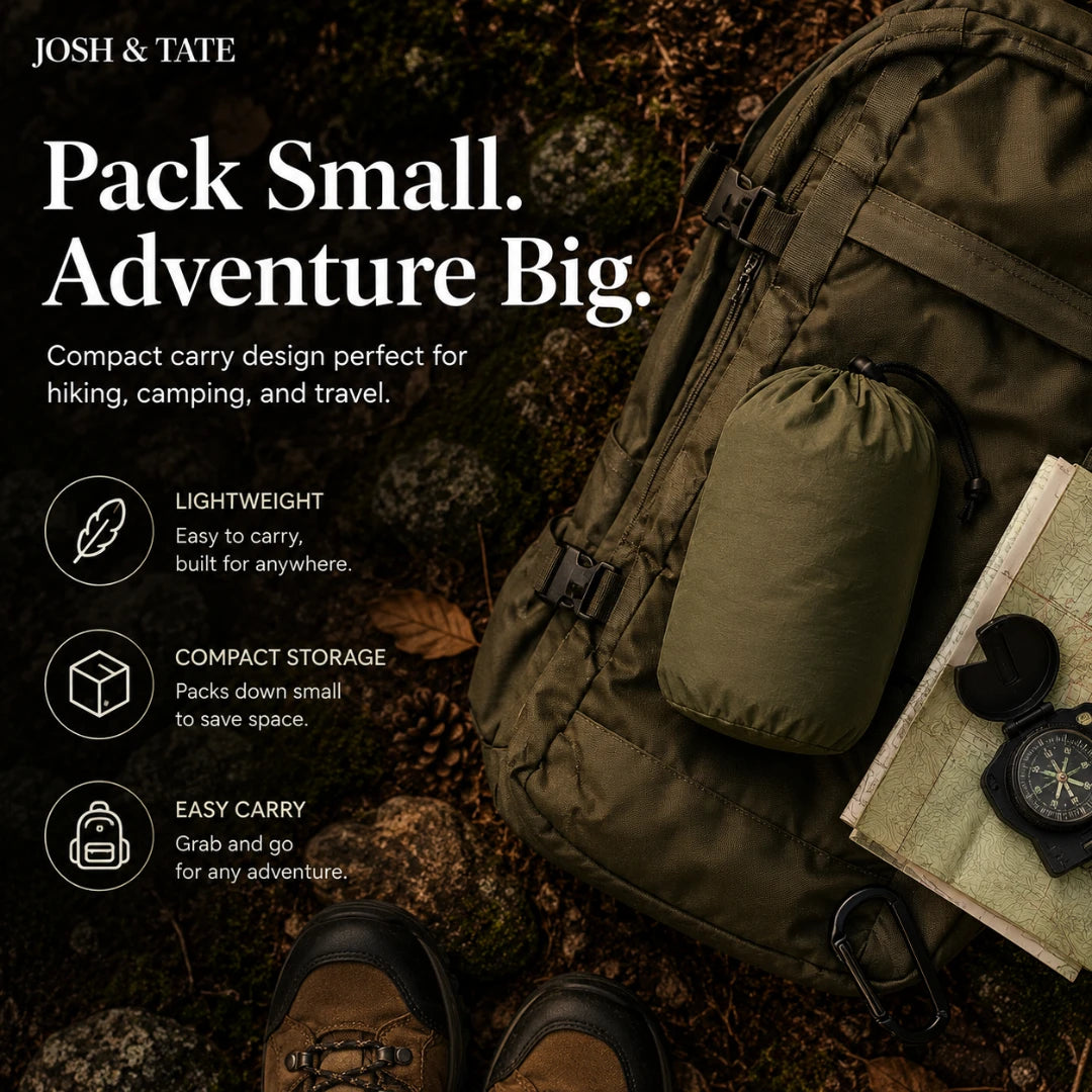 Josh & Tate - WildNest™ Bug-Proof Outdoor Hammock - Green backpack with hiking gear on a forest floor, featuring Josh & Tate branding and product features.