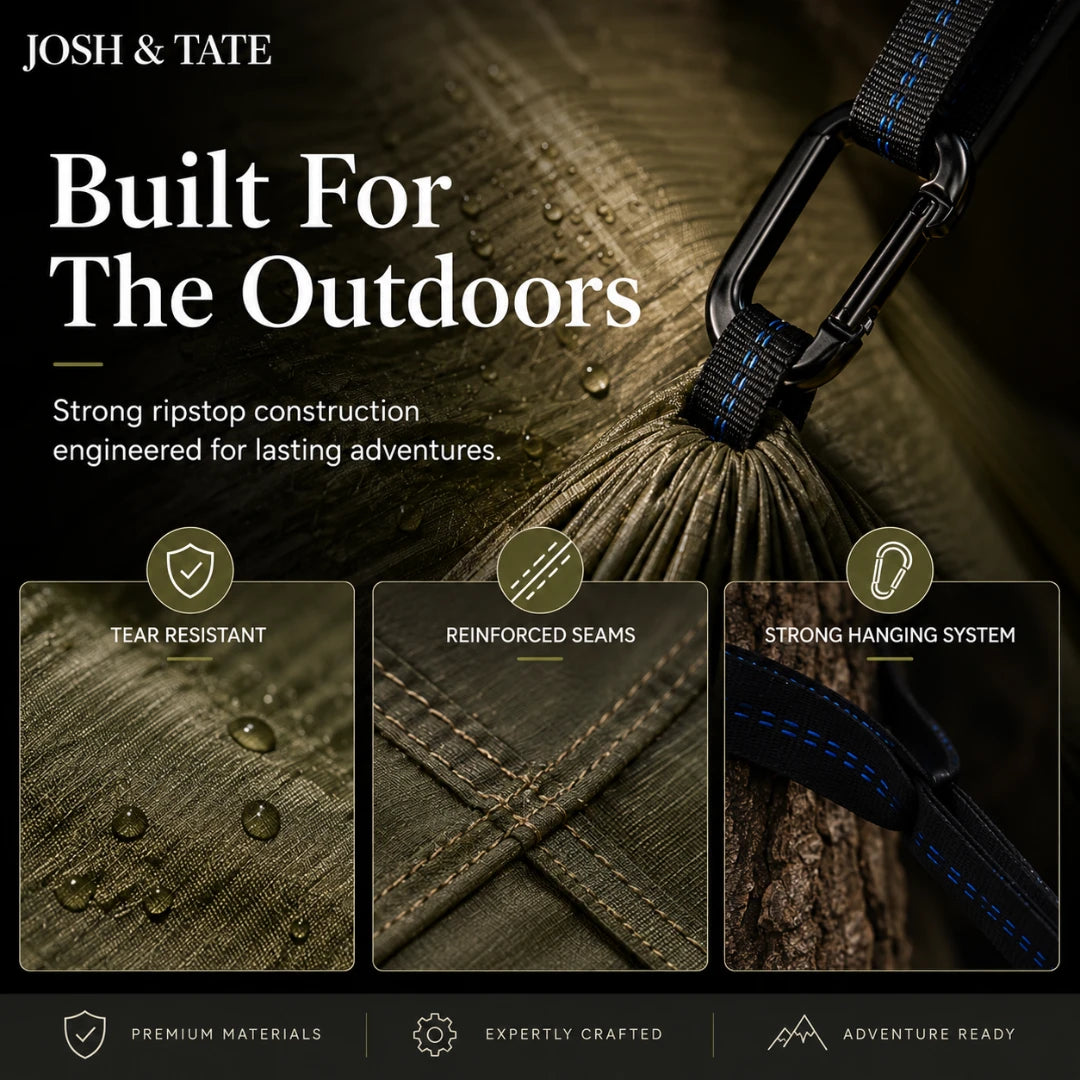 Josh & Tate - WildNest™ Bug-Proof Outdoor Hammock - Promotional graphic for Josh & Tate outdoor gear with text and product features.