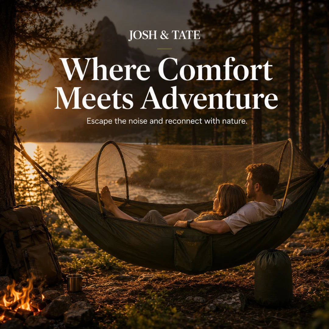 Josh & Tate - WildNest™ Bug-Proof Outdoor Hammock - Couple in a hammock by a campfire with scenic background, featuring 'Josh & Tate' branding.