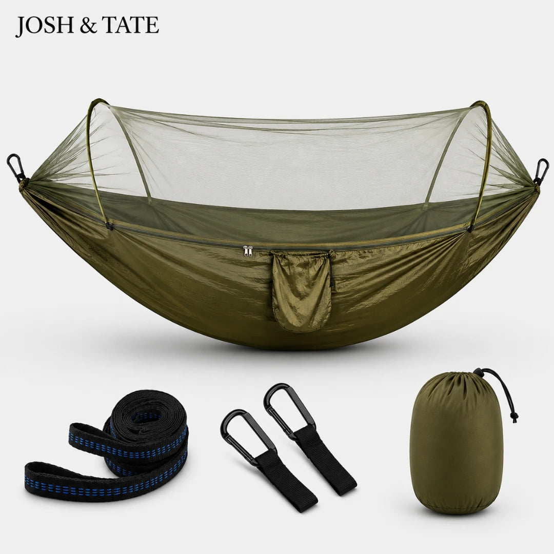 Josh & Tate - WildNest™ Bug-Proof Outdoor Hammock - Green hammock with mosquito net, straps, and carrying bag on a white background, featuring 'JOSH & TATE' branding.