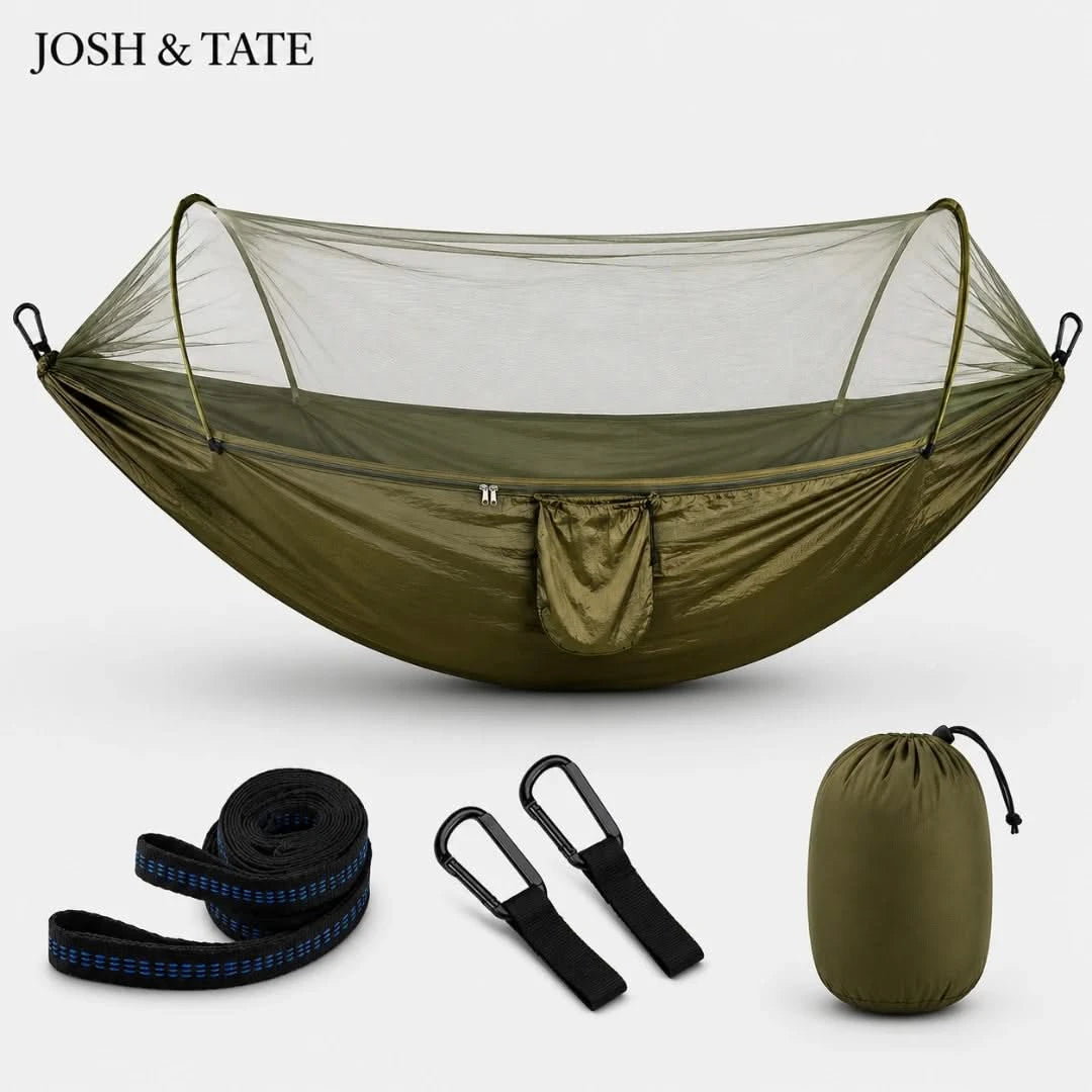 Josh & Tate - WildNest™ Bug-Proof Outdoor Hammock - Green hammock with mosquito net, straps, and carrying bag on a white background, featuring 'JOSH & TATE' branding.
