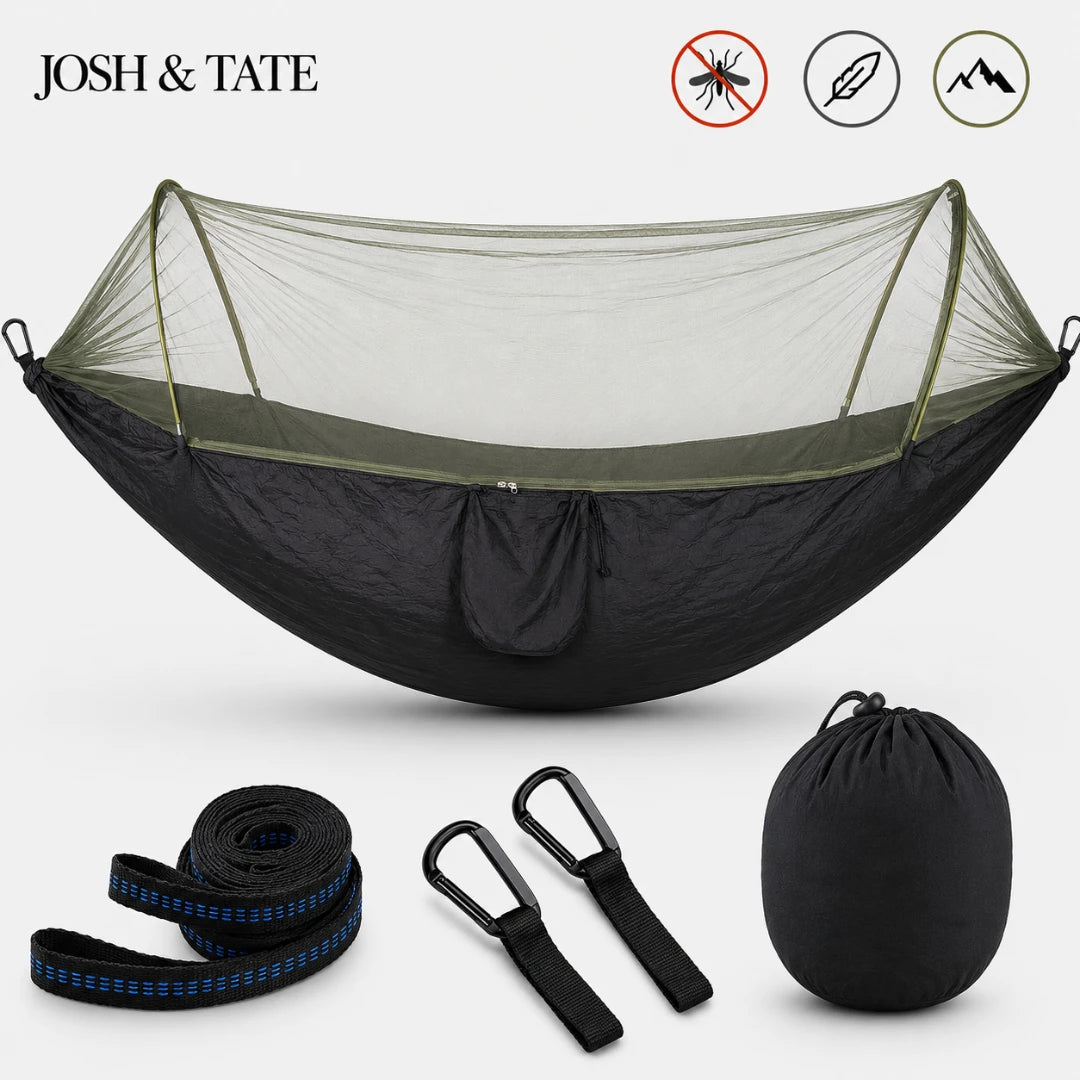 Josh & Tate - WildNest™ Bug-Proof Outdoor Hammock - Black and green hammock with accessories on a white background, featuring the brand 'Josh & Tate'.