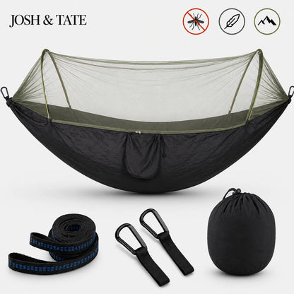 Josh & Tate - WildNest™ Bug-Proof Outdoor Hammock - Black and green hammock with accessories on a white background, featuring the brand 'Josh & Tate'.