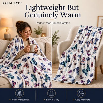 Josh & Tate - WingWrap™ Butterfly Throw Blanket - Woman wrapped in a butterfly-patterned blanket with text about comfort and features.