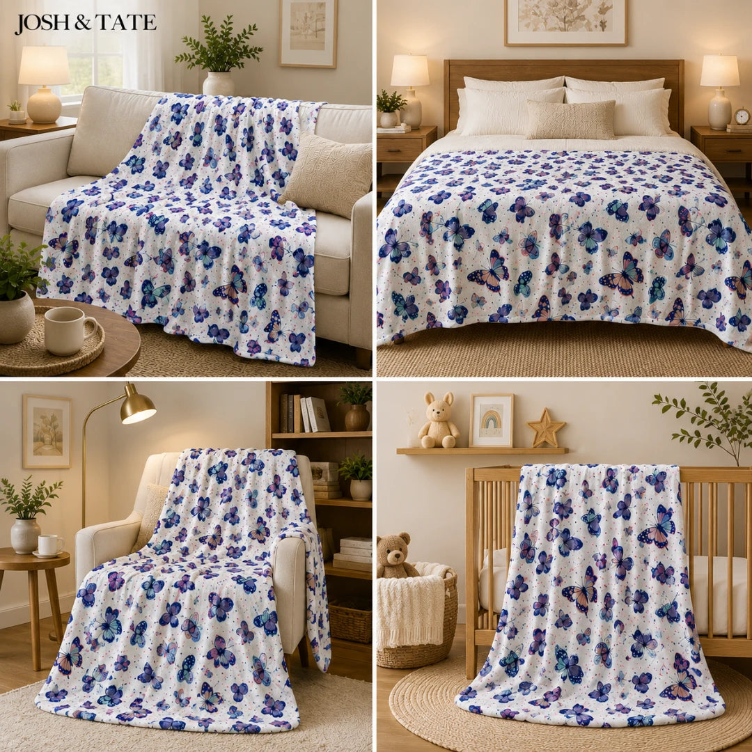 Josh & Tate - WingWrap™ Butterfly Throw Blanket - Floral-patterned blanket shown in various settings including a living room, bedroom, and nursery.