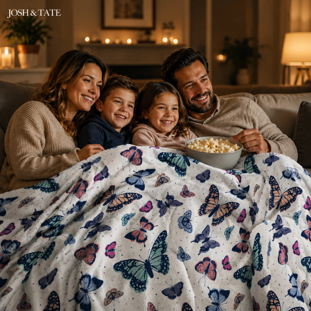 Josh & Tate - WingWrap™ Butterfly Throw Blanket - Family of four sitting on a couch with popcorn, under a butterfly-patterned blanket, in a cozy living room.