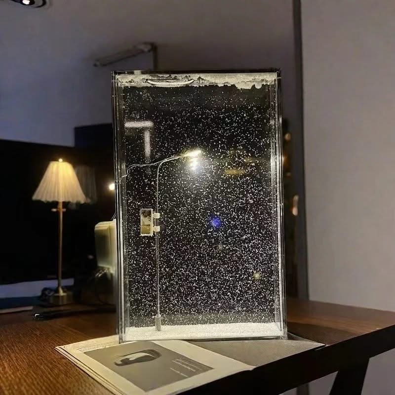 Decorative glass panel with water droplets on a wooden surface in a room setting.