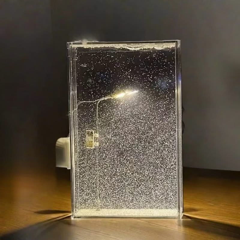 Glass panel with water droplets on a wooden surface