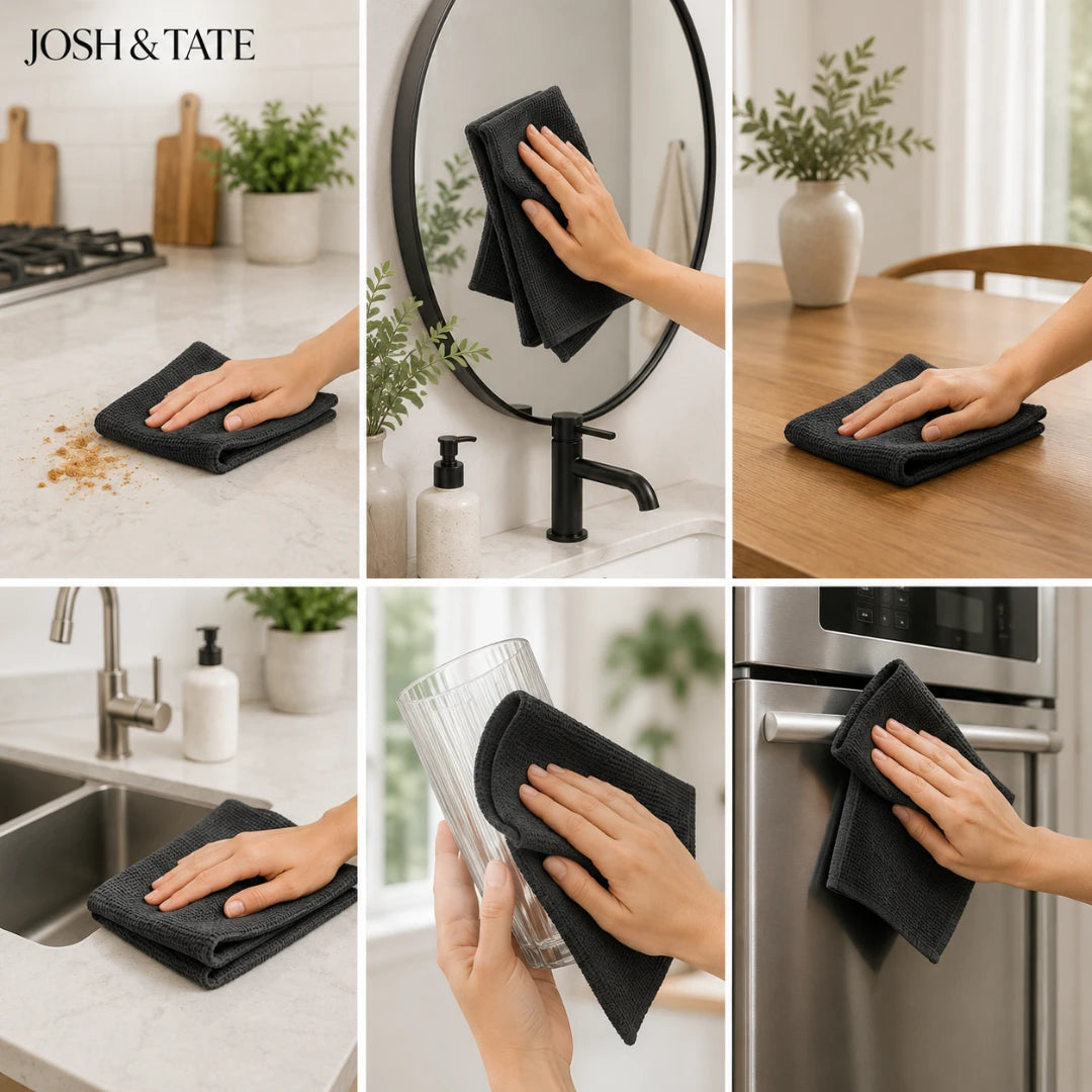 Josh & Tate - WipeRoll™ Reusable Microfiber Cleaning Cloths - Collage of a person using black cleaning cloths in various kitchen scenarios with 'Josh & Tate' branding.
