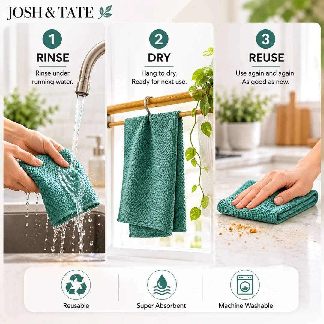Josh & Tate - WipeRoll™ Reusable Microfiber Cleaning Cloths - Teal microfiber cloth being rinsed, dried, and reused in a kitchen setting with 'Josh & Tate' branding.