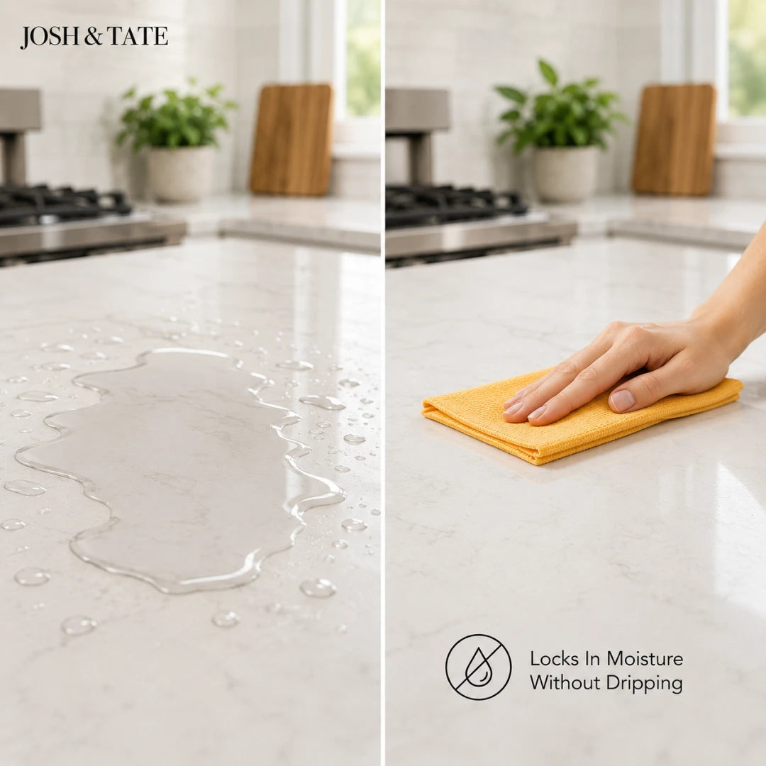 Josh & Tate - WipeRoll™ Reusable Microfiber Cleaning Cloths - Before and after comparison of a kitchen countertop with a hand using a yellow cloth.