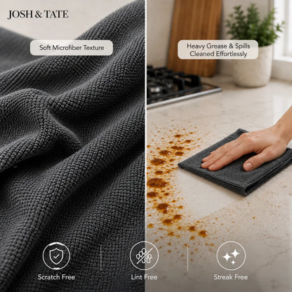 Josh & Tate - WipeRoll™ Reusable Microfiber Cleaning Cloths - Gray microfiber towel with text highlighting its features and effectiveness on a kitchen counter.