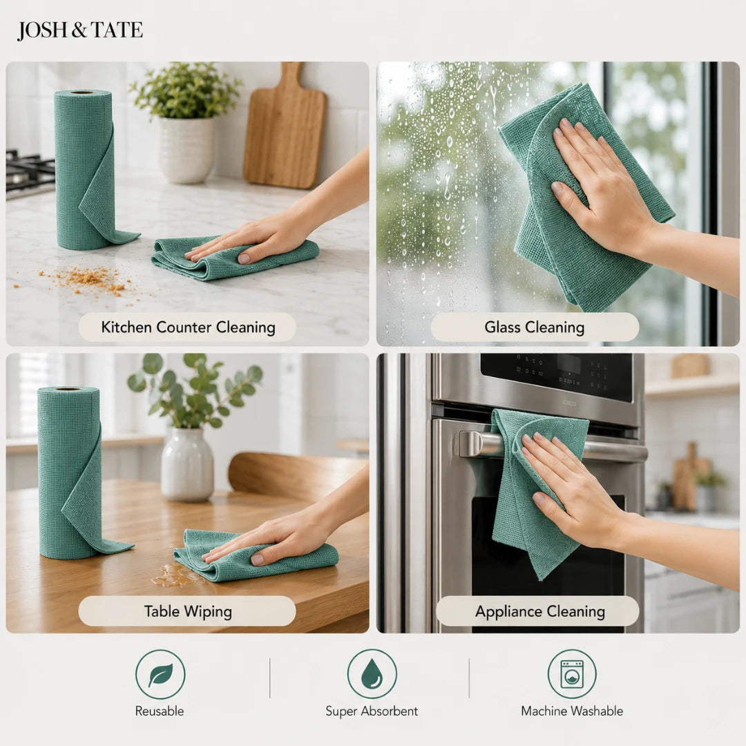 Josh & Tate - WipeRoll™ Reusable Microfiber Cleaning Cloths - Green cleaning cloths being used for kitchen cleaning tasks with text and icons indicating features.