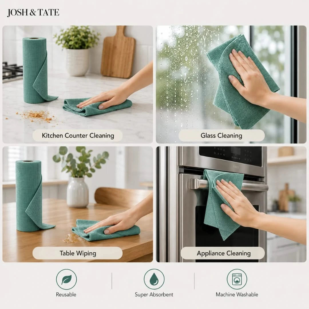 Josh & Tate - WipeRoll™ Reusable Microfiber Cleaning Cloths - Green cleaning cloths being used for kitchen cleaning tasks with text and icons indicating features.