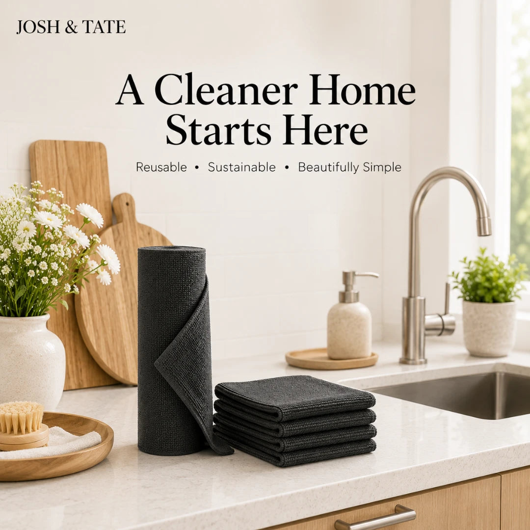 Josh & Tate -WipeRoll™ Reusable Microfiber Cleaning Cloths - Kitchen counter with reusable cleaning products and text 'A Cleaner Home Starts Here' by Josh & Tate.