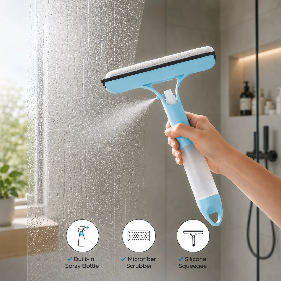 Josh & Tate - WipeShot™ Spray & Squeegee Glass Cleaner - Hand holding a cleaning tool with spray bottle, microfiber scrubber, and silicone squeegee against a shower background.