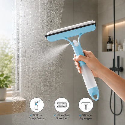 Josh & Tate - WipeShot™ Spray & Squeegee Glass Cleaner - Hand holding a cleaning tool with spray bottle, microfiber scrubber, and silicone squeegee against a shower background.
