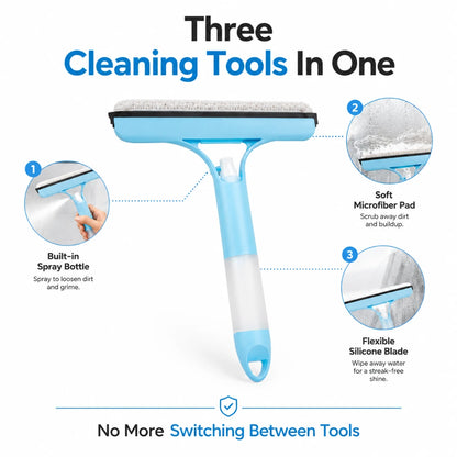 Josh & Tate - WipeShot™ Spray & Squeegee Glass Cleaner - Cleaning tool with squeegee, spray bottle, and scrubber functions on a white background