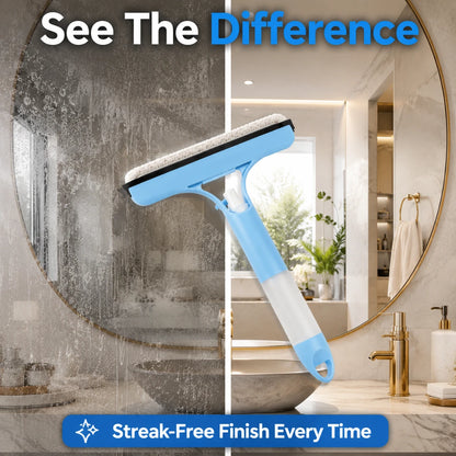 Josh & Tate - WipeShot™ Spray & Squeegee Glass Cleaner - Before-and-after comparison of a bathroom mirror with a cleaning tool, showing a streak-free finish.
