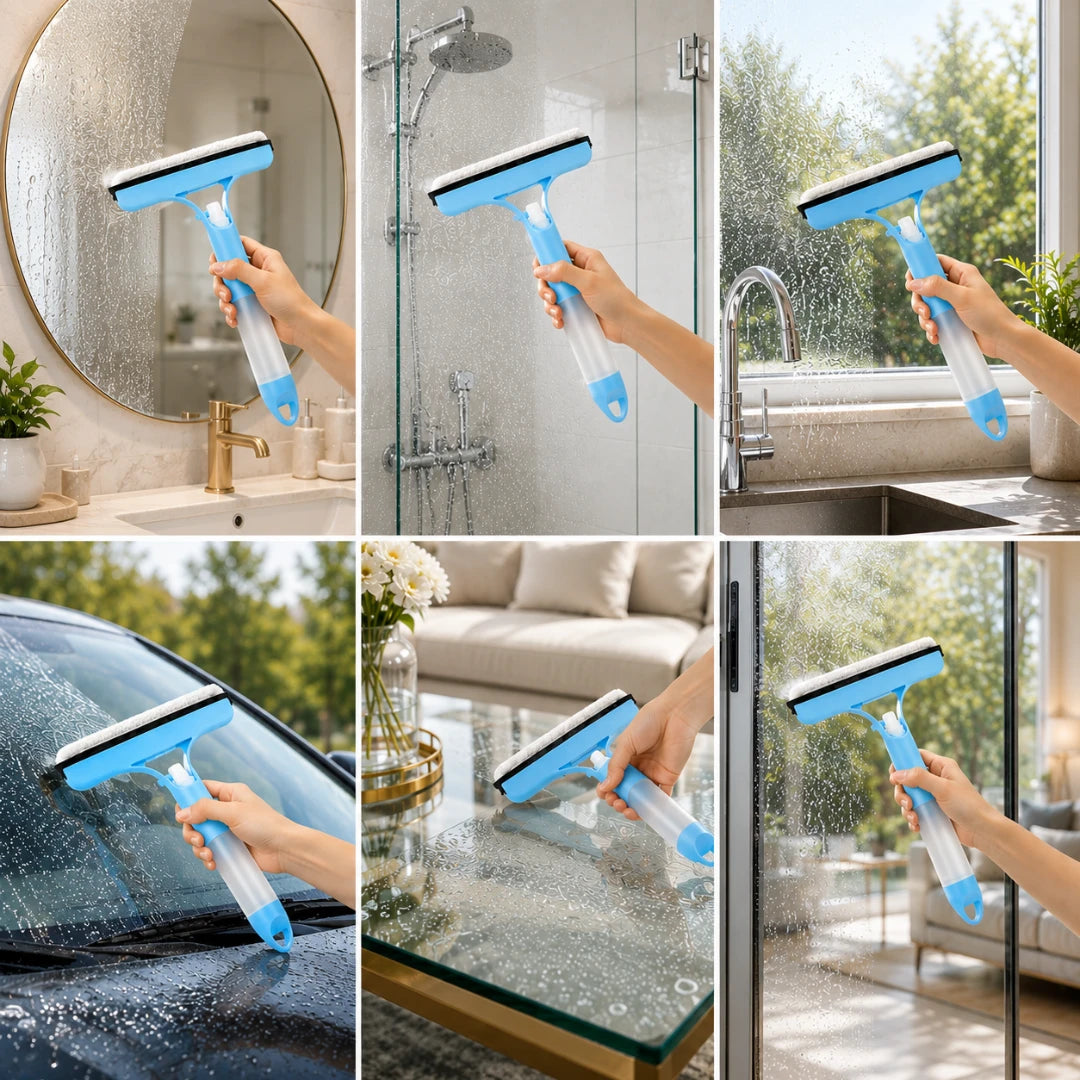 Josh & Tate - WipeShot™ Spray & Squeegee Glass Cleaner - Multifunctional cleaning tool being used on various surfaces including a mirror, shower door, window, car windshield, and glass table.