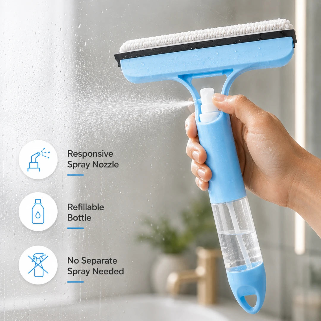 Josh & Tate - WipeShot™ Spray & Squeegee Glass Cleaner - Hand holding a cleaning tool with a spray nozzle, refillable bottle, and responsive design features.