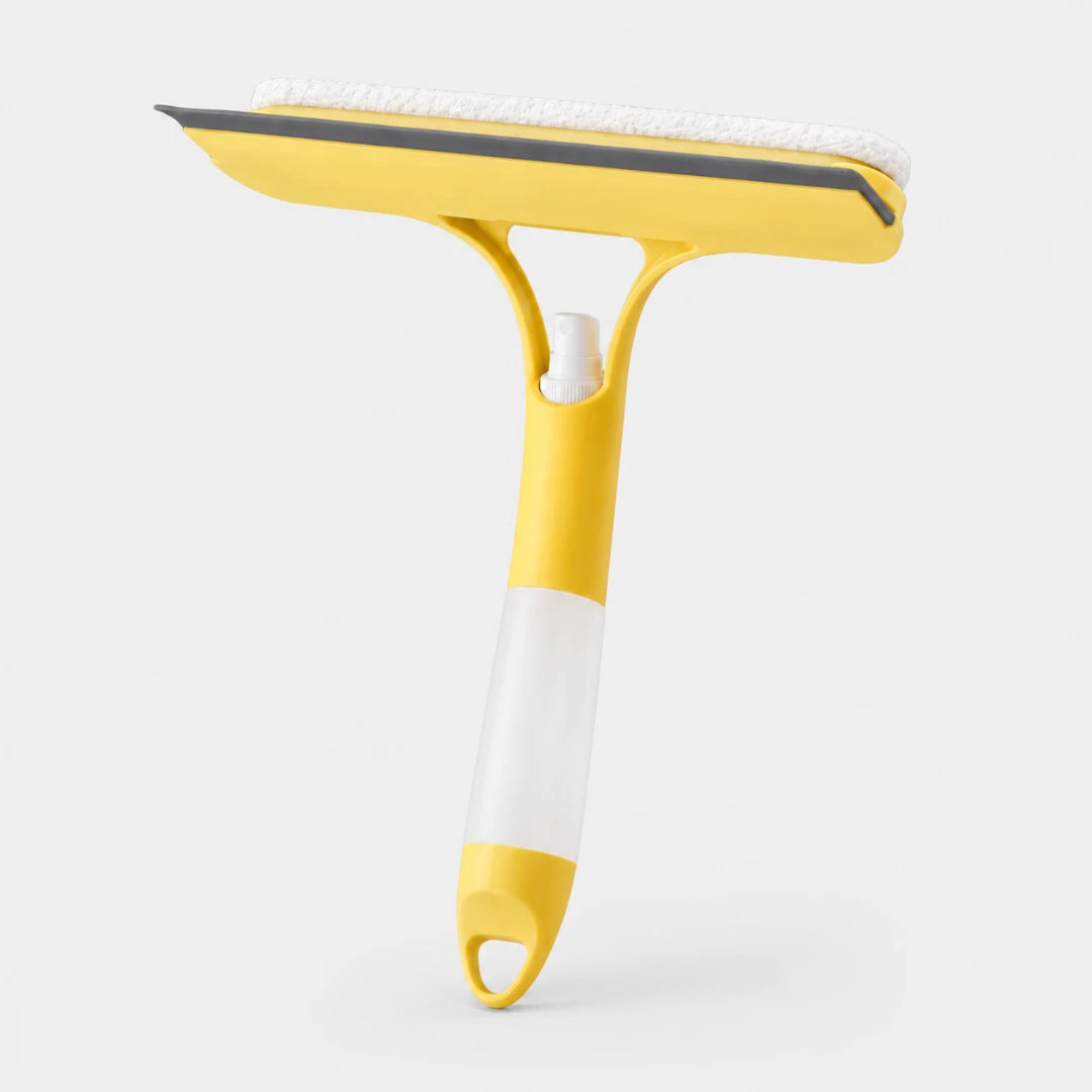 Josh & Tate - WipeShot™ Spray & Squeegee Glass Cleaner - Yellow and white squeegee on a light gray background