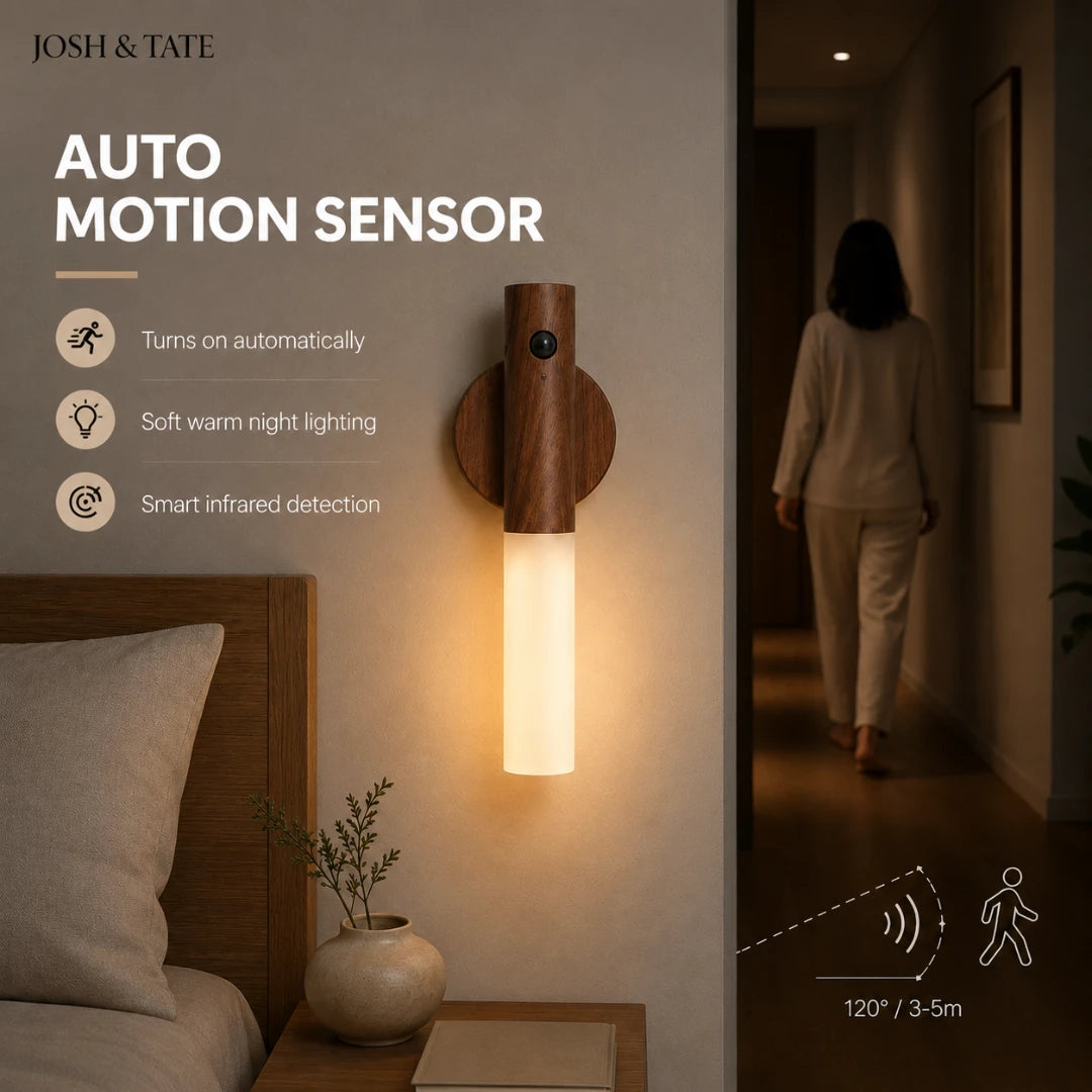 Josh & Tate - WoodGlow™ Magnetic Sensor Night Light - Wall-mounted light fixture with auto motion sensor in a bedroom setting